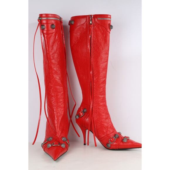 Balenciaga Cagole Boots Red Leather Knee High Pointed Toe Size 37.5 - Picture 8 of 16